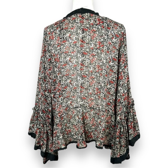 Free People Lola Kimono Black Floral Tie Front Ruffle Bell Sleeve Semi Sheer - Picture 6 of 14